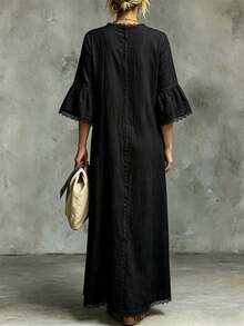 Everyssa Women's Traceable Cotton Black V-Neck 3/4 Ruffle Sleeve Long Dress Beach Summer Boho Casual - Black - View 2
