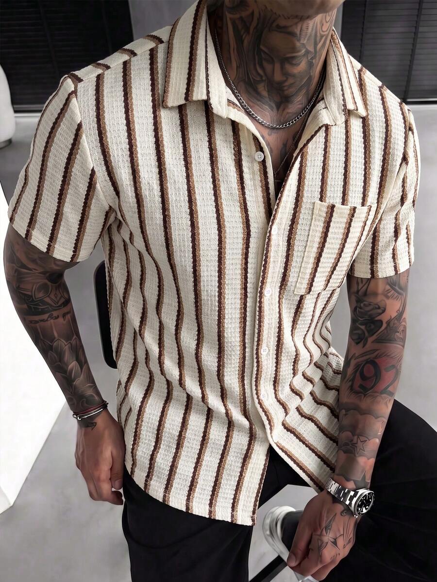 SLATEMANN Camisa de manga corta de punto jacquard de unicolor para hombre - Multicolor - Ver 1