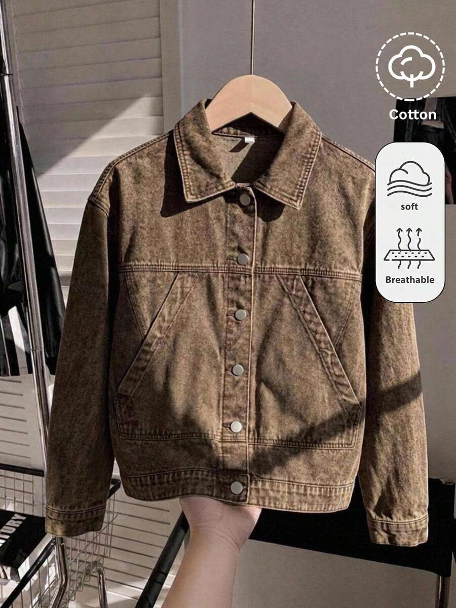 SHEIN 青少年女孩棕色丹寧寬鬆長袖夾克 秋冬萬聖節 Y2K 畢業返校穿搭 - 棕色 - 查看 1