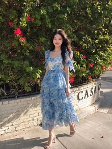 Skyraze Women White And Blue Floral Organza Dress Summer Cottagecore Elegant Casual Fairy Layered Ruffle Hem Bow Accent Date Garden Party Wedding - Blue and White - View 3