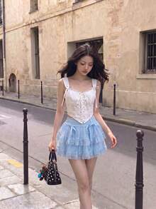 SHEIN MOD Women's Solid Color Mesh Bowknot Casual Summer Skirt - Blue - View 2