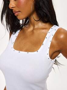 Eshe Glo Women's Summer Rivet Detail Ribbed Fitted Tank Top,Summer Top - White - View 3