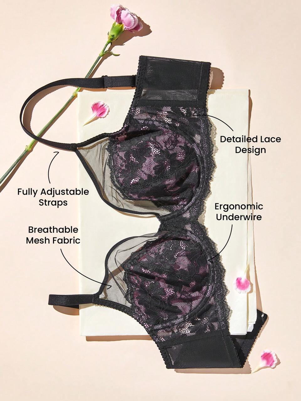 Plus Full Coverage Unlined Mesh & Lace Bra