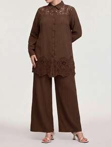 Veilorie Plus Size Women Solid Color Hollow Embroidery Long Sleeve Shirt And Wide Leg Pants Casual 2-Piece Set - Coffee Brown - View 3