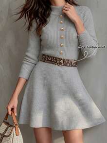 Balvessa Women's Half-High Neck Gold Button Front Raglan Long Sleeve Waist-Cinching A-Line Sweater Dress - Dark Grey - View 3