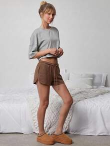 WESTFADE Pantalón corto de estar por casa de punto texturizado con lazo delantero y cintura media, lindo - Marrón - Ver 10