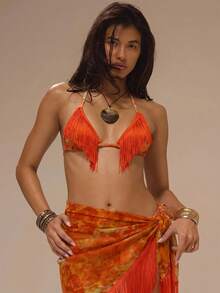 Musera Resort Contrast Print Fringe Bikini Top Only Beach Girly Spring Summer Vacation Night Out Cute Occassion Golden Sands - Multicolor - View 1