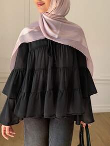 Solavon Women's Solid Color Bell Sleeve Ruffle Blouse - Black - View 4