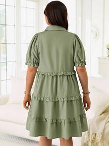Rosumi Plus Size Women's Summer Casual Vacation Solid Green Frill Trim Dress - Green - View 4