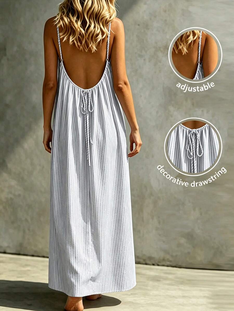 SHEIN Holidaya Gaun Maxi Tanpa Punggung Berlipit Bergaris untuk Liburan Wanita - Abu-abu Biru - View 1