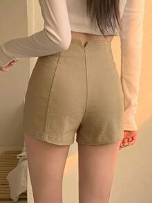 DAZY 女款夏季休閒百搭純色高腰短褲 - 卡其色 - 查看 4