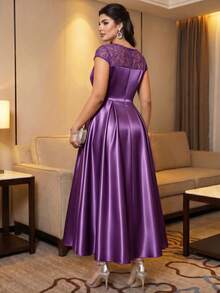 SHEIN Lady CURVE Plus Size Women's Lace Patchwork Elegant French Style Evening Formal Wedding Guest Dress For Party Wedding And Birthday Purple Summer Graduation - Purple - View 2