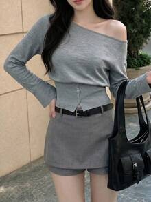 SHEIN MOD Women's Fashion Casual Solid Color Oblique Shoulder Button Gray Sweater In Fall/Winter - Grey - View 6