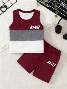 SHEIN Playful Pals 2件套男婴时尚街头休闲条纹撞色“KING”印花背心和字母印花短裤，夏季套装 - 彩色 - 查看 3