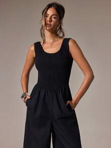 Athîral High Waist Elastic Jumpsuit, Minimalist Casual Elegant Style, Suitable For Daily Brunch Vacation, Dating, Commuting Black Summer - Black - View 3