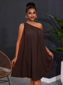 Slaydiva Plus Size Women's One Shoulder Sleeveless Solid Color Wide Leg Dress - Rust Brown - View 5