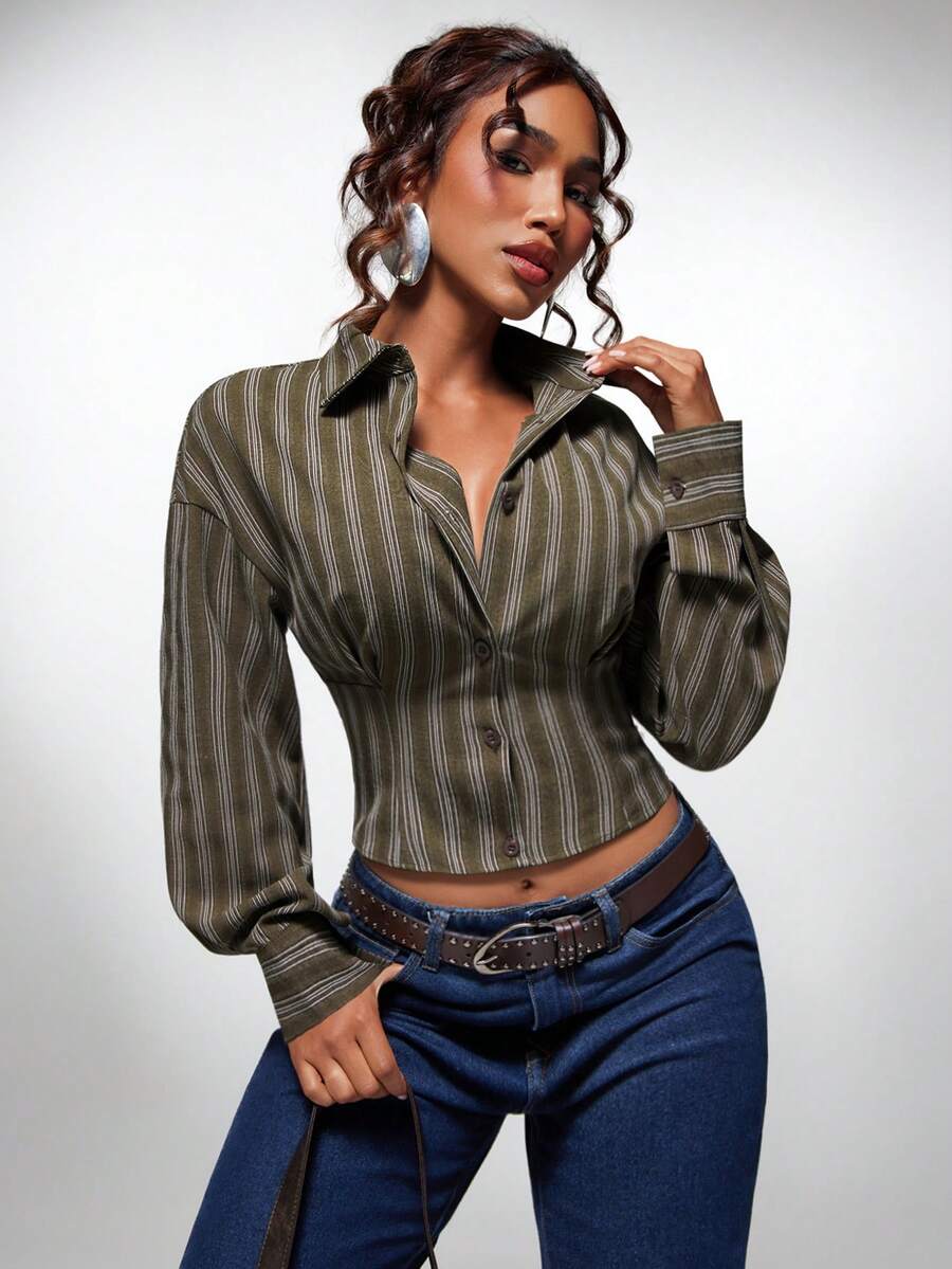 Normani 女款時尚通勤條紋襯衫 - 軍綠色 - 查看 1