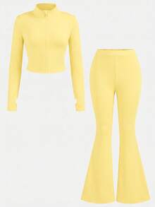 SHEIN Girlism NovaGlow 青少女運動休閒日常針織素色開襟外套與喇叭褲套裝 - 黃色 - 查看 2
