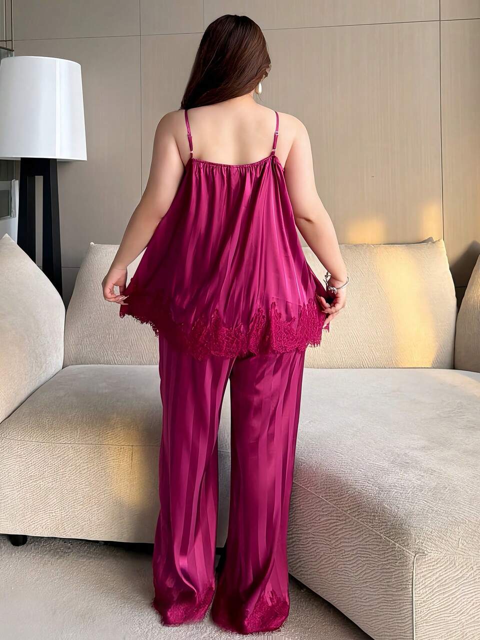 Dazy Plus Elegant Contrast Lace Camisole Top & Long Pants 2-Piece Pajama Set, Magenta