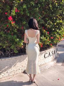 SHEIN MOD Party Dress With Swollen Collar And Fungus Streamers Decorated Apricot Tight Long Summer Mid-Length Prom Date Elegant Flowing - Apricot - View 2