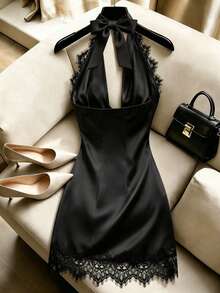 SHEIN Franclia Black Satin Halter-Neck Halter-Top A-Line Short Dress. Lace-Embroidered Sophisticated Business Casual Sexy Dress. Luxurious Party Night Out Summer - Black - View 2