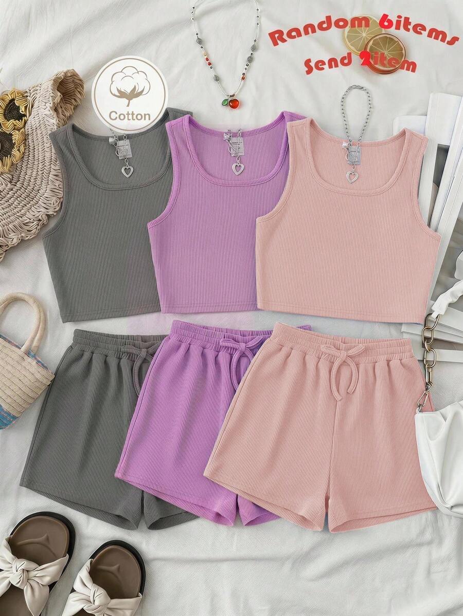 SHEIN 少女針織純色修身休閒背心與短褲兩件套 - 粉色 - 查看 1