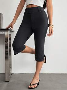 SHEIN PETITE Pantalones Capri de cintura baja con abertura para mujer, estilo casual y lindo para primavera/verano, a rayas de colores, pantalones a rayas, pantalones casuales, pantalones de vacaciones, pantalones para salir, pantalones estilo Y2K, pantalones vintage - Negro - Ver 6