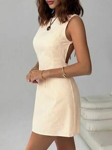 SHEIN EZwear 女士船领无袖露背系带夏季条纹编织连衣裙 女士连衣裙 女士夏季连衣裙 度假装 女士度假连衣裙 女士夏季套装 - 黃色 - 查看 5