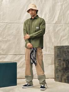 Men's Casual Cotton Shirt, Solid Color, Comfortable, Multi-Pocket, Retro Style, Suitable For Daily Wear, Spring/Autumn, Fall, Long Sleeve Top Couple Unisex - Army Green - View 11