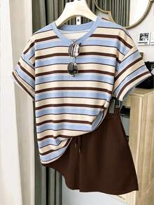 Resyla Women's Blue Striped Dark Brown Drop Shoulder Sleeve T-Shirt And Shorts Casual Preppy 2-Piece Set Back-To-School Picnic School Summer - Multicolor - View 1