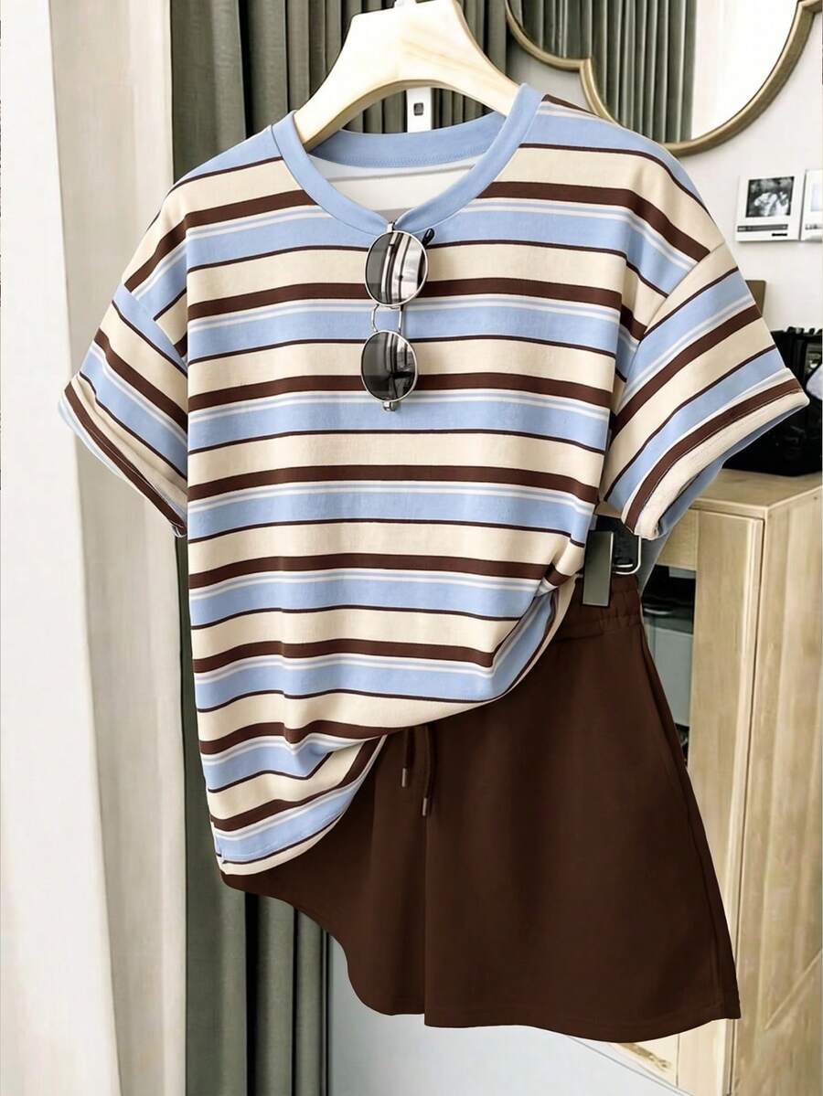 Resyla Women's Blue Striped Dark Brown Drop Shoulder Sleeve T-Shirt And Shorts Casual Preppy 2-Piece Set Back-To-School Picnic School Summer - Multicolor - View 1