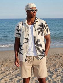 Manfinity EZcore Plus Size Men's Coconut Tree Print Single-Breasted Short Sleeve Top And Pocket Shorts Casual Holiday Beach Set - Multicolor - View 6