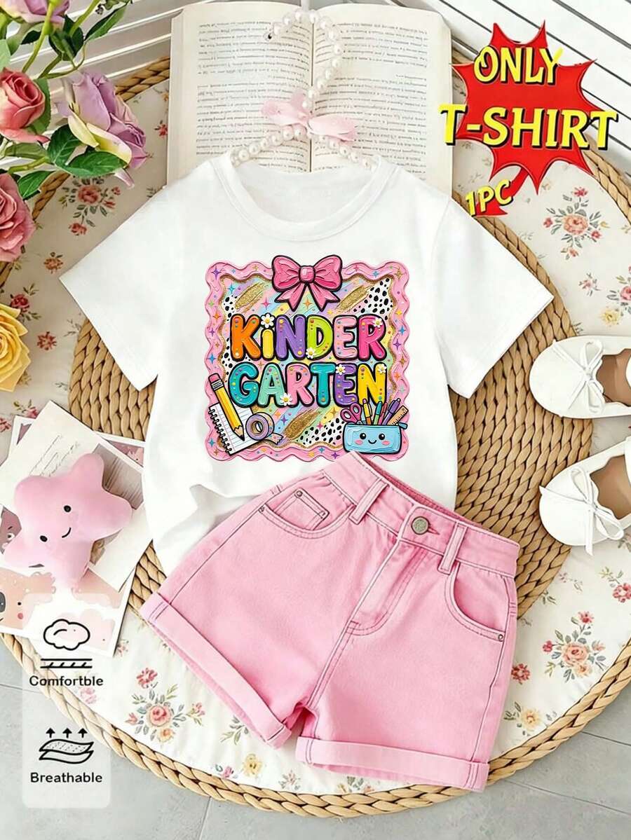 Elladie kids (1件) 返校季女童幼兒清新文具相框花卉彩色字母星星蝴蝶結圓點圖案基礎短版T恤 - 白色 - 查看 1