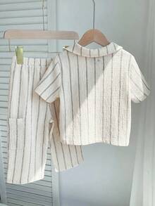 SHEIN 2pcs/Set Baby Boy/Girl Apricot Summer Casual Work Khaki Striped Collar Short Sleeve Knit Shirt Top And Pants Set,Versatile Comfortable Daily Outfit - Apricot - View 2