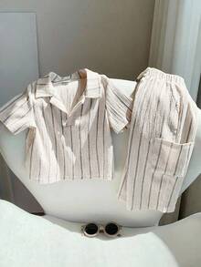 SHEIN 2pcs/Set Baby Boy/Girl Apricot Summer Casual Work Khaki Striped Collar Short Sleeve Knit Shirt Top And Pants Set,Versatile Comfortable Daily Outfit - Apricot - View 8
