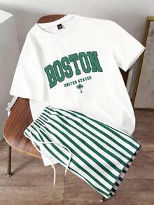 Daypath Men's Casual Minimalist Letter & Stripe Print T-Shirt Set, Loose Fit Top And Pants - White - View 1