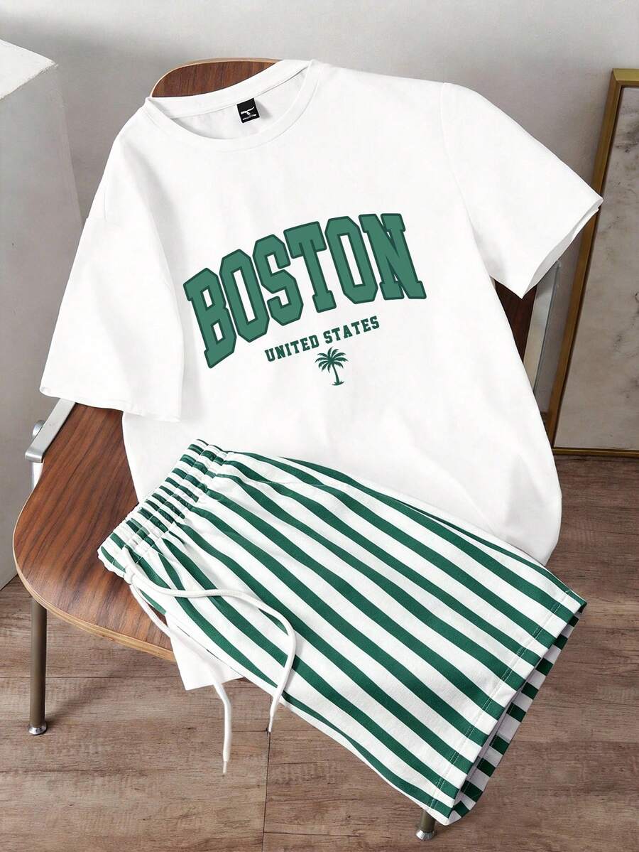 Daypath Men's Casual Minimalist Letter & Stripe Print T-Shirt Set, Loose Fit Top And Pants - White - View 1