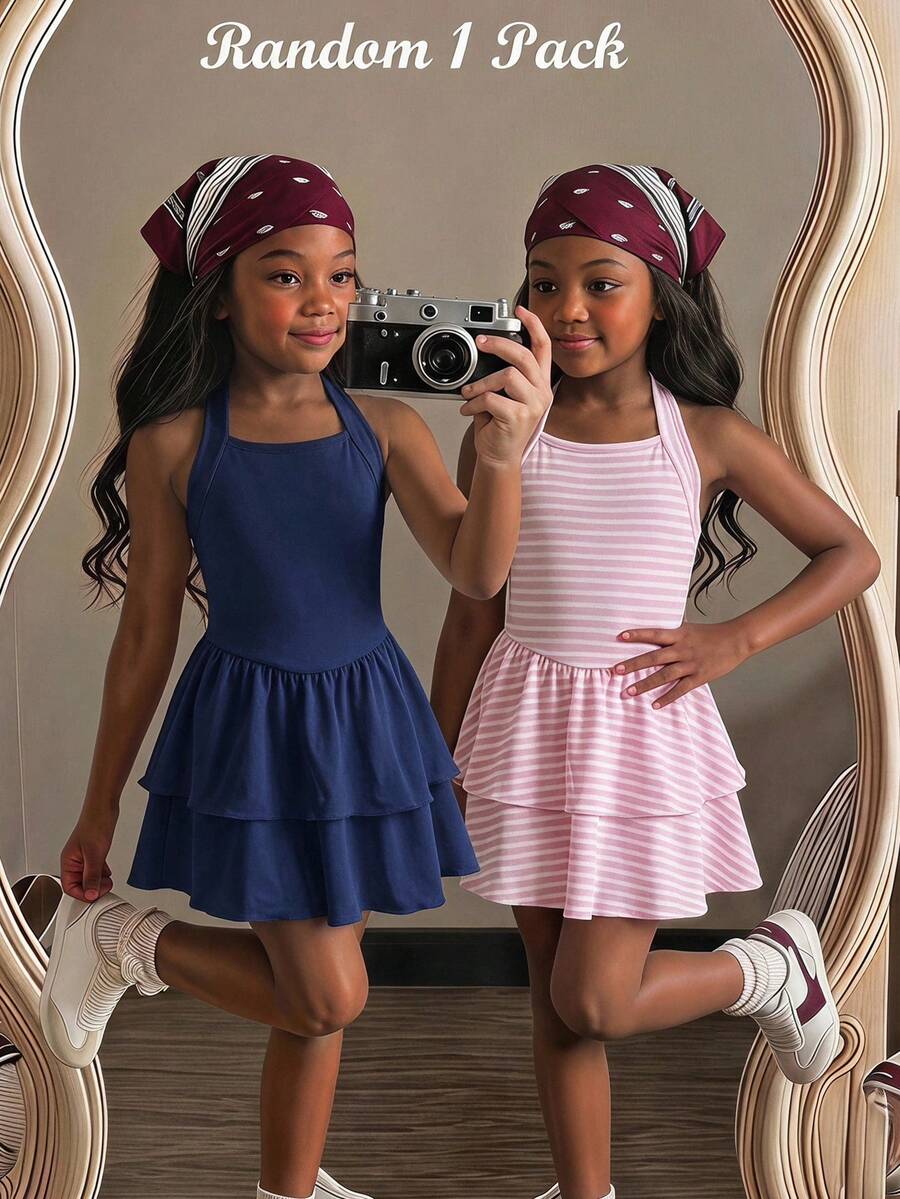 SHEIN فستان سكيتير محبوك برقبة هالتر وخصر مكشكش للفتيات الصغيرات