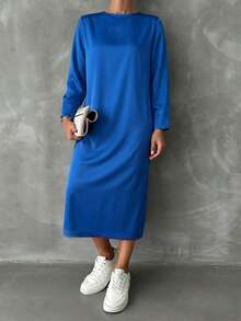 EURMUSE Women's Solid Color Side Slit Sweatshirt Skirt - Blue - View 5