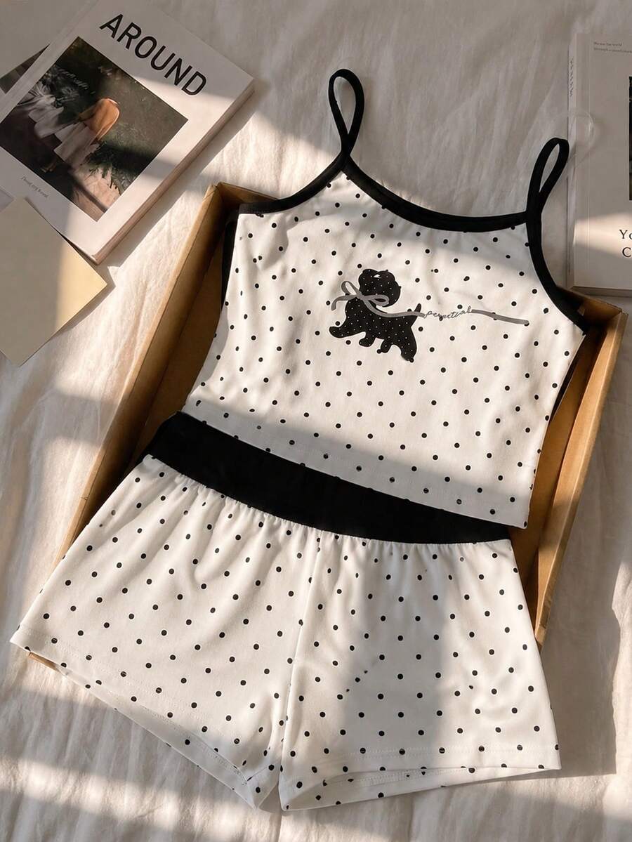 SHEIN Elladie kids 女童白色與黑色波點兩件套,上衣附蝴蝶結與小狗印花,搭配波點短褲,黑白配色,簡約清新,可愛卡通元素,柔軟俏皮,適合夏季 - 黑與白 - 查看 1