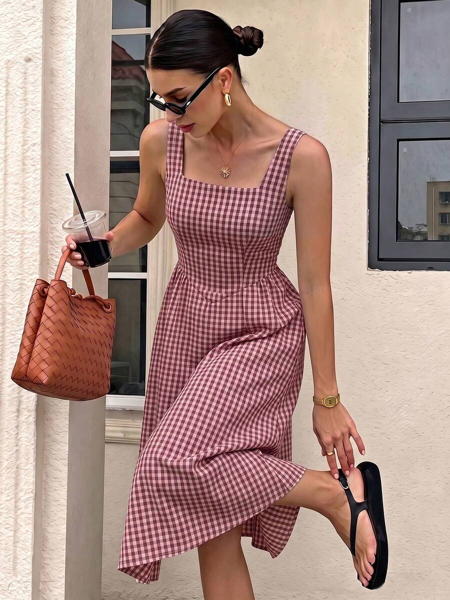 Siren Gaze Casual Vacation Style Red Plaid Full Print Pattern Women's Mid-Length Dress Suitable For Spring And Summer - Multicolor - View 1