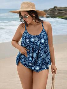 Swim Lushoire 新款大尺碼女款比基尼兩件式泳衣套裝，時尚印花、荷葉邊設計、高腰三角泳褲 - 藍色 - 查看 1