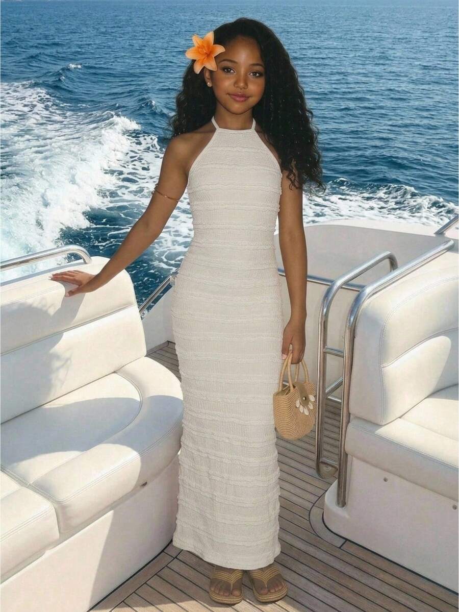 Tween Girl 新款夏季優雅休閒度假風白色貼身領針織紋理洋裝,適合日常穿著,夏季洋裝,夏季假期 - 白色 - 查看 1