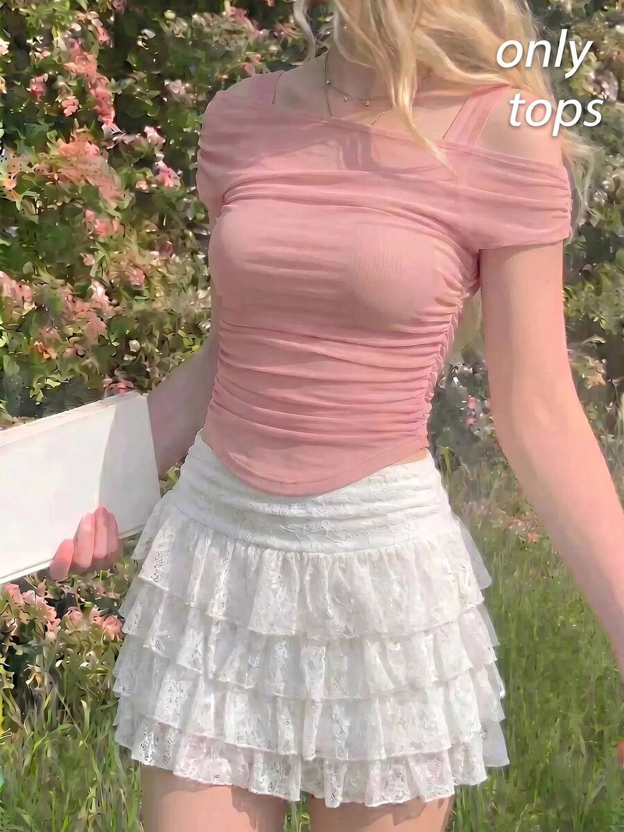 Skyraze 杏色女士透视网眼无袖上衣 - 藕粉色 - 查看 1