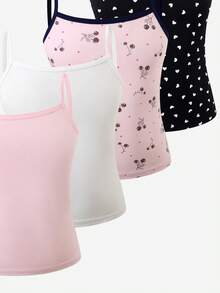 4pcs/Set Girls Toddler Bow & Heart Print Sweet Minimalist Cute Mori Style Soft Basic Camisole & Panty Set, Multi-Color - Multicolor - View 3