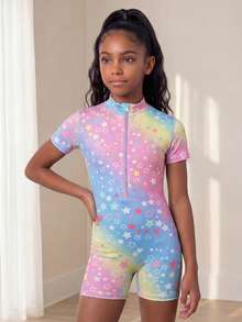 SHEIN 少女可愛星星印花短袖前開襟拉鍊運動連身褲，返校季秋冬新品 - 彩色 - 查看 4