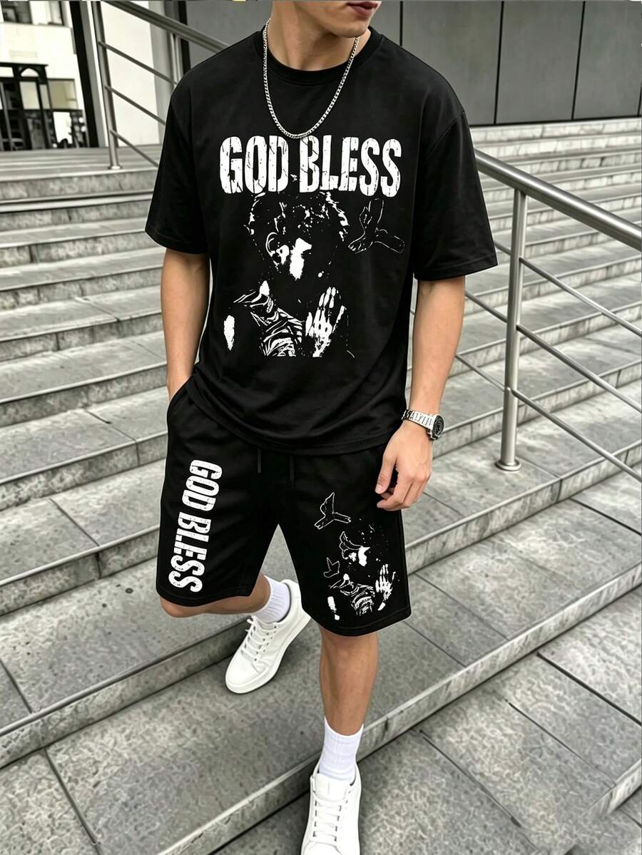 Coolqubz 青少年男孩街頭風休閒時尚舒適短袖T恤與短褲套裝 - 黑色 - 查看 1