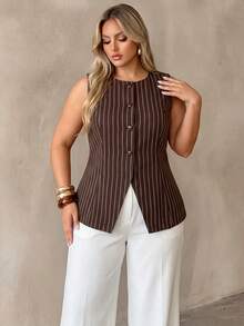 Auralis Plus Size Women Metal Starfish Decor Round Neck Sleeveless Jacket In Fall/Winter - Brown - View 5