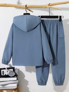 SHEIN 2件組兒童青少年男孩休閒連帽外套與工裝長褲套裝，適合秋冬、學校、家庭聚會、開學季、運動、生日派對，秋季穿搭，冬季穿搭 - 霧霾藍 - 查看 6