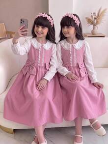 SHEIN Young Girl 3D蝴蝶結裝飾蕾絲拼接洋裝 - 粉色 - 查看 7